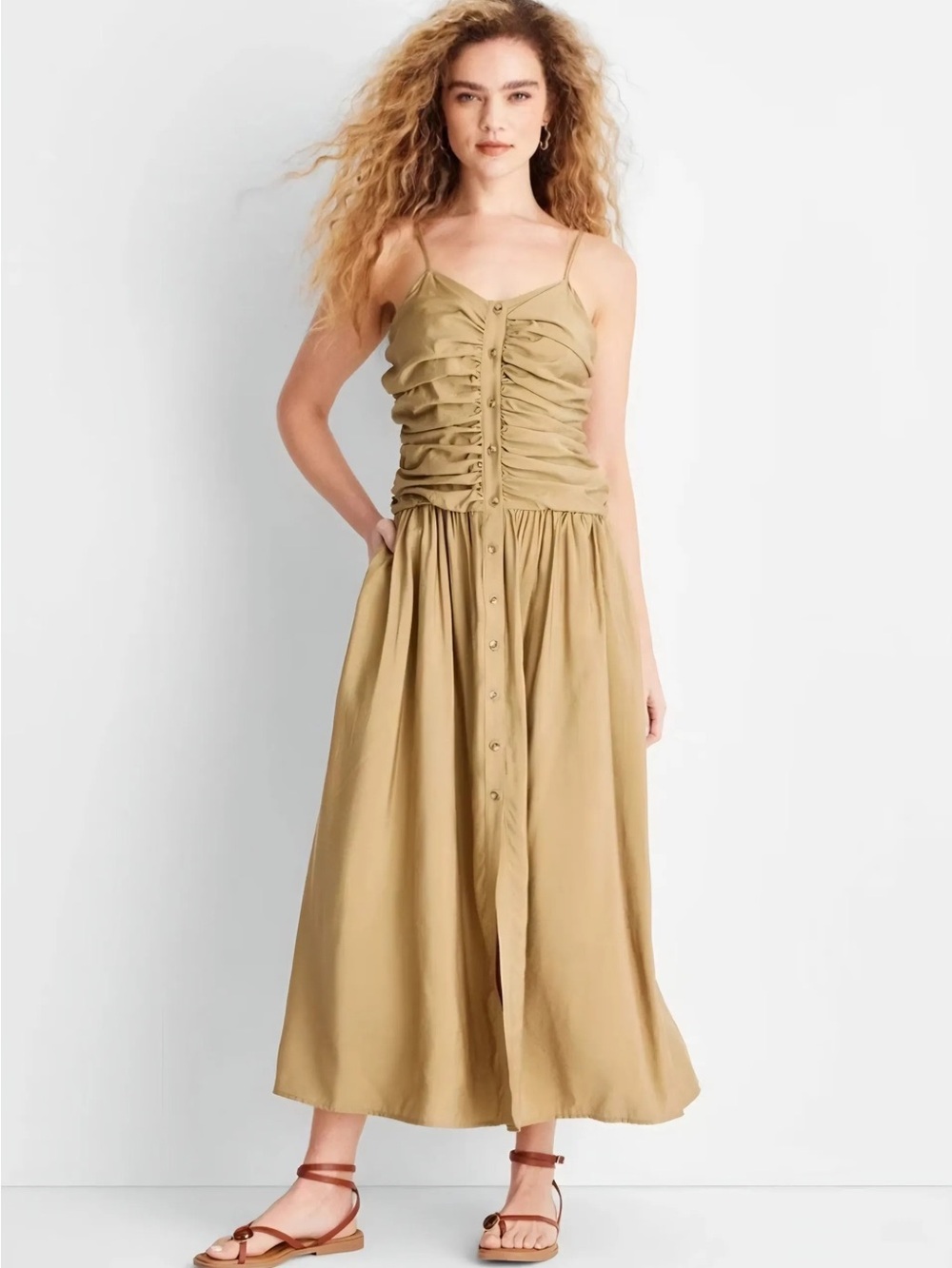 Future Collective XL Tan Ruched Button Front Midi Dress Sleeveless Cottagecore